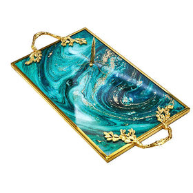 Luxury Decorative Resin Serving Tray with Gold Handles Marble Texture Display Tray for Coffee Table or Vanity Decor