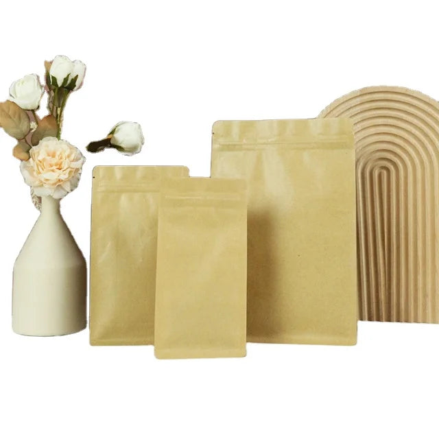 Eco-Friendly Recycled Kraft Paper Bags 250g 500g 12Oz Zipper Flat Bottom Gusset Packaging for Food for Bean Ground Coffee