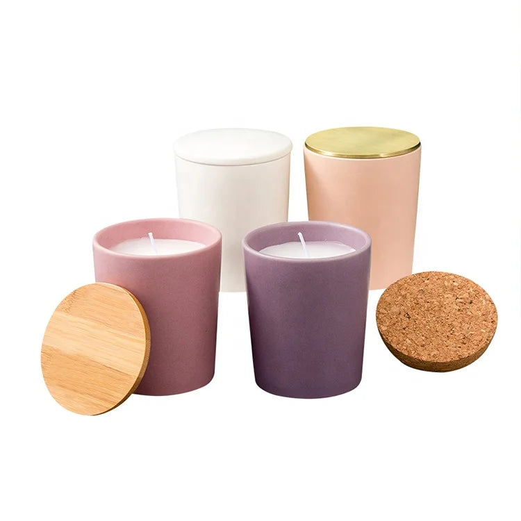 10 oz Wedding Luxury Bulk Ceramic Matte Candle Jars with Wooden Lids Cylinder Candle Vessel