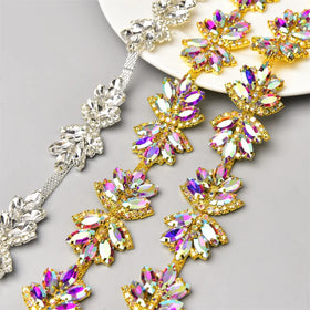 Glitter Reverse Horse Eye Glass Rhinestone Leaf Chain Trim for Clothing Waist Shoes Decoration Accessories