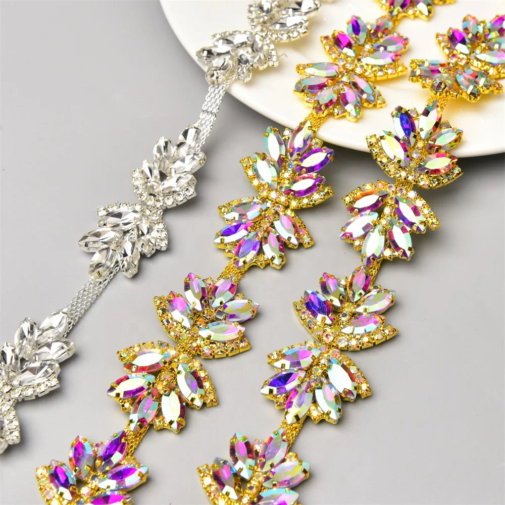 Glitter Reverse Horse Eye Glass Rhinestone Leaf Chain Trim for Clothing Waist Shoes Decoration Accessories