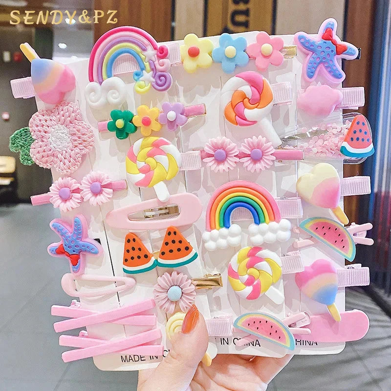 New Fashion Children Plastic Flower Fruit Cute Hairpins Set Girl Lovely Cartoon Rainbow Hair Clip Set Kids Accessories