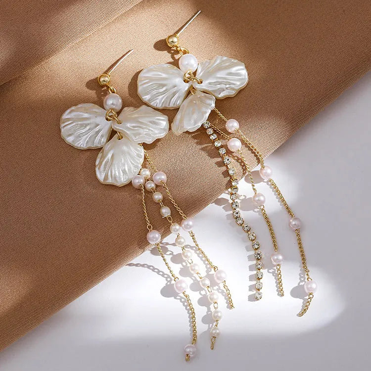 SC Korean Style 925 Silver Needle White Petal Drop Earrings Pretty Fairy Zircon Pearl 12cm Long Tassel Earrings for Women