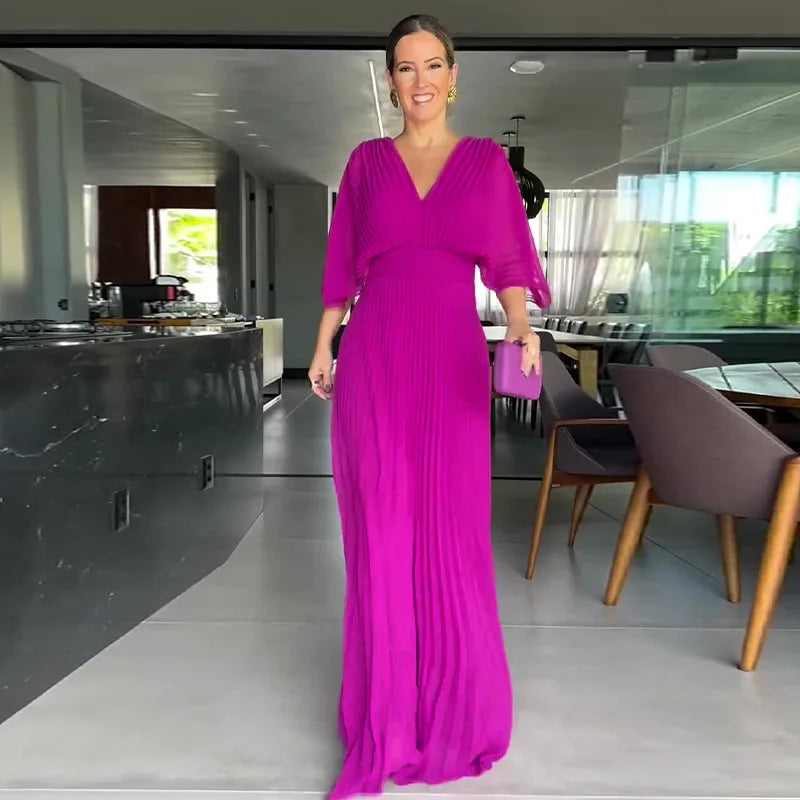 Boutique Wholesale 2026 Summer European and American Style Solid Color V-neck Bat Sleeve High Waisted Women's Dress