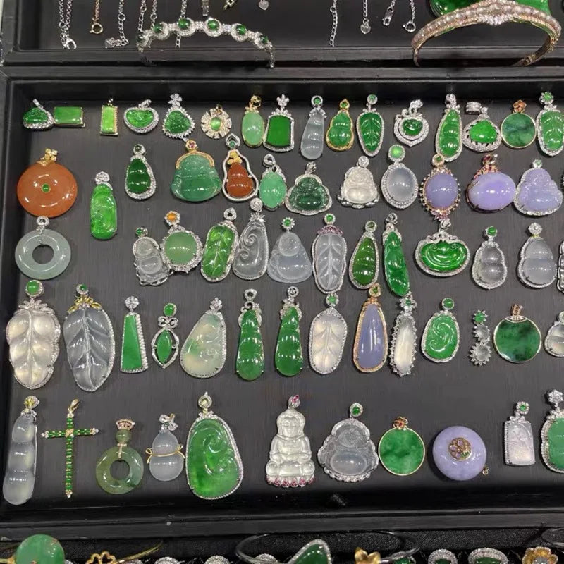 Myanmar a Goods Jade Goddess 18K Inlaid Ruyi Leaves Buddha Lucky Pendant Peace Buckle Genuine Emerald Pendant Wholesale