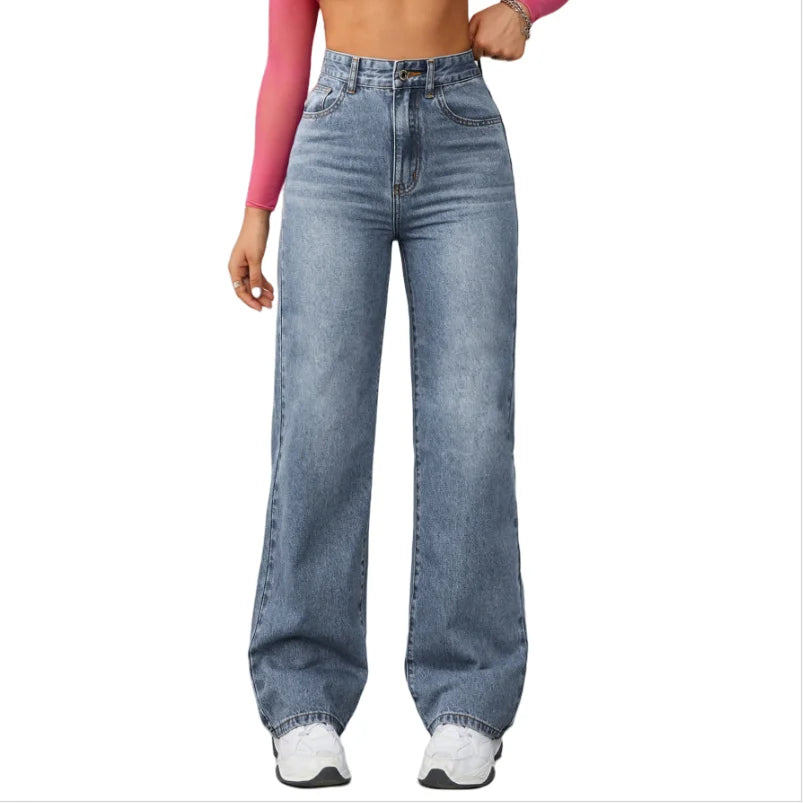 Women's High Waist Straight-leg Jeans Breathable Casual Denim Pants Woven Winter Print Design XL Size MegaBDM