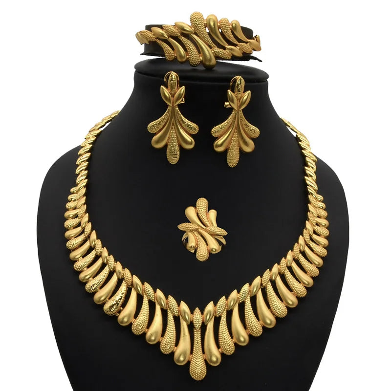Jachon dubai Gold Jewelry Set Rhinestone Suit Wedding Long Tassel Necklace Bracelet Earrings Ring Four-piece Set