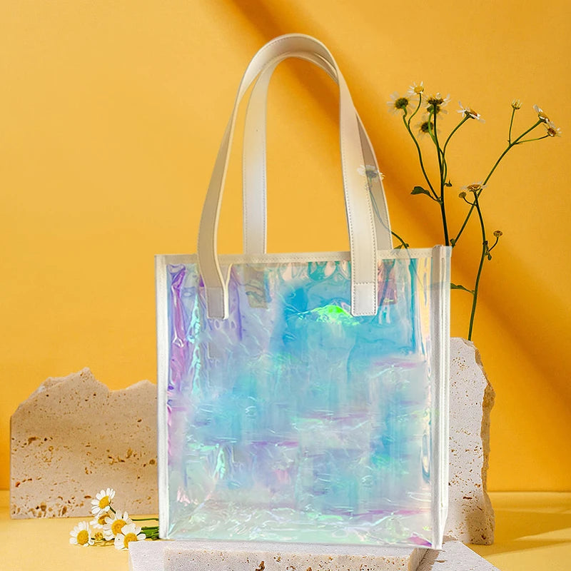 Hot Sale Holographic Shopping Bag Portable Waterproof Storage Gift Bag PVC Laser Leather Handle Tote Bag