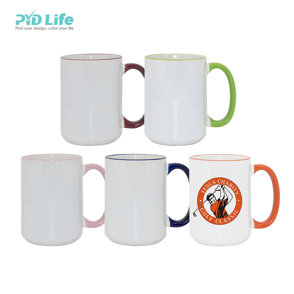 PYD Life Hot Sale Sublimation 15oz Custom Coffee Mugs Rim Handle Color Ceramic Mug Sublimation