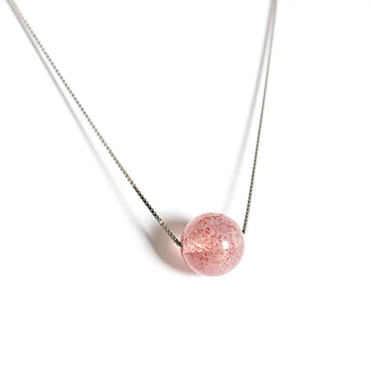 Natural Stone Bead Pendant S925 Silver Chain Amethyst Rose Quartz Strawberry Crystal Round Beads Necklace for Women