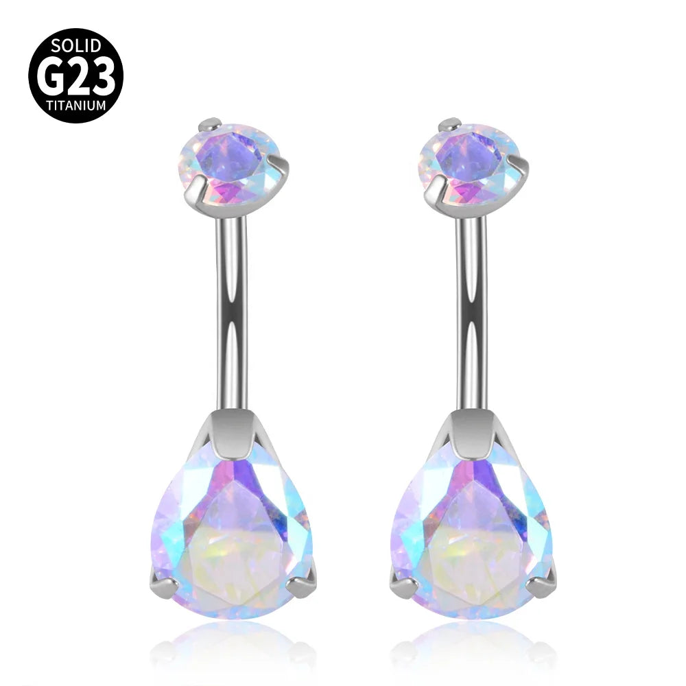 ASTM Titanium Women's Wedding Gift Belly Button Rings WaterDrop Zircon Claw Setting Navel Internal Thread Curved Banana Body