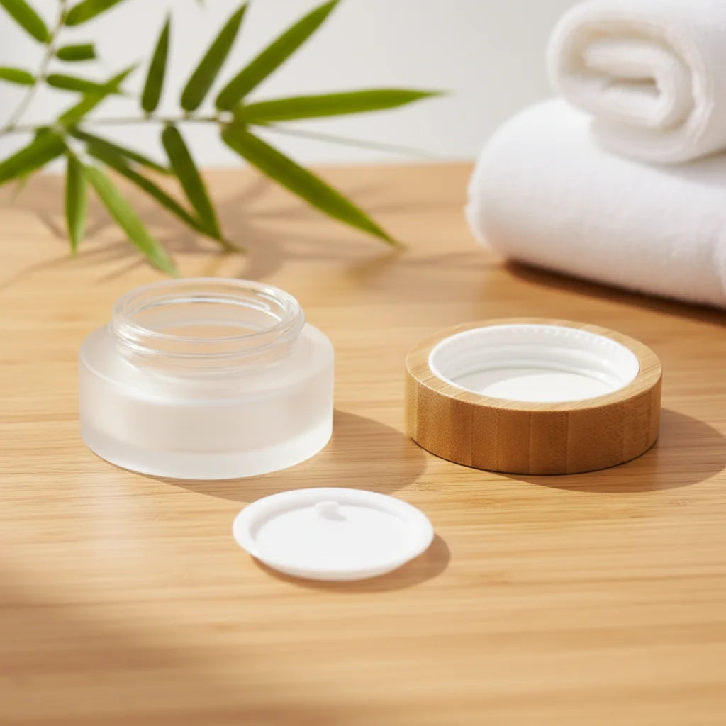 Nature Bamboo Cap Cosmetic Jar 50g Frosted Glass Container Bamboo Lid Jar for Skincare Cream Packaging