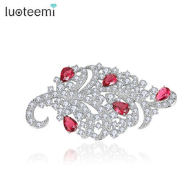 LUOTEEMI Special New Wholesale Luxury Generous Cubic Zircon Brass Wedding Women Leaves Suit Collar Shirt Collar Pin Leaf Brooch