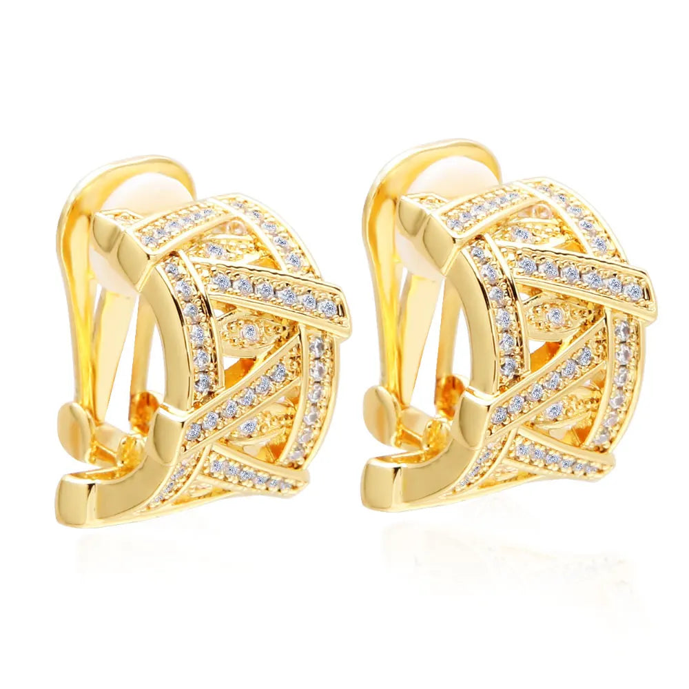 Latest Hollow Out Cubic Zircon Clip on Earrings Gold Plated 18k Jewelry Non Pierced Crystal Earrings for Women Wedding Gifts.