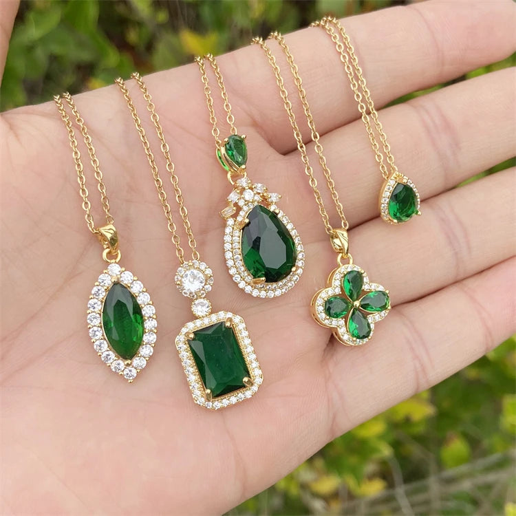 Hot Selling Fine 18K Gold Plated Emeralds Gemstone Link Wedding Stainless Steel Waterdrop Flower Pendant Necklace for Women