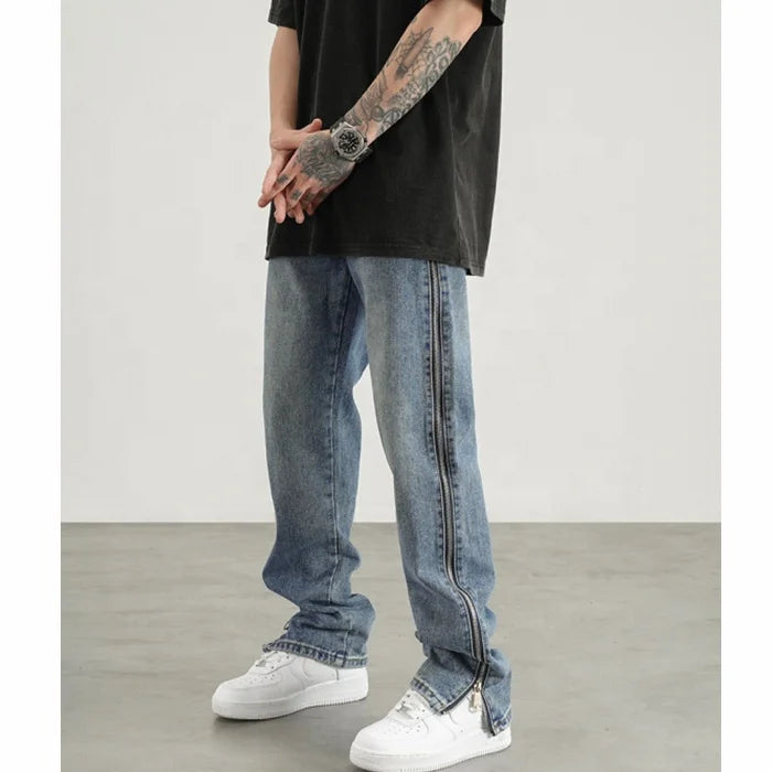 Custom Label Trousers for Men Drop Ship  Stock Street Wear Stock Zipped Blue Mens Jean Trousers