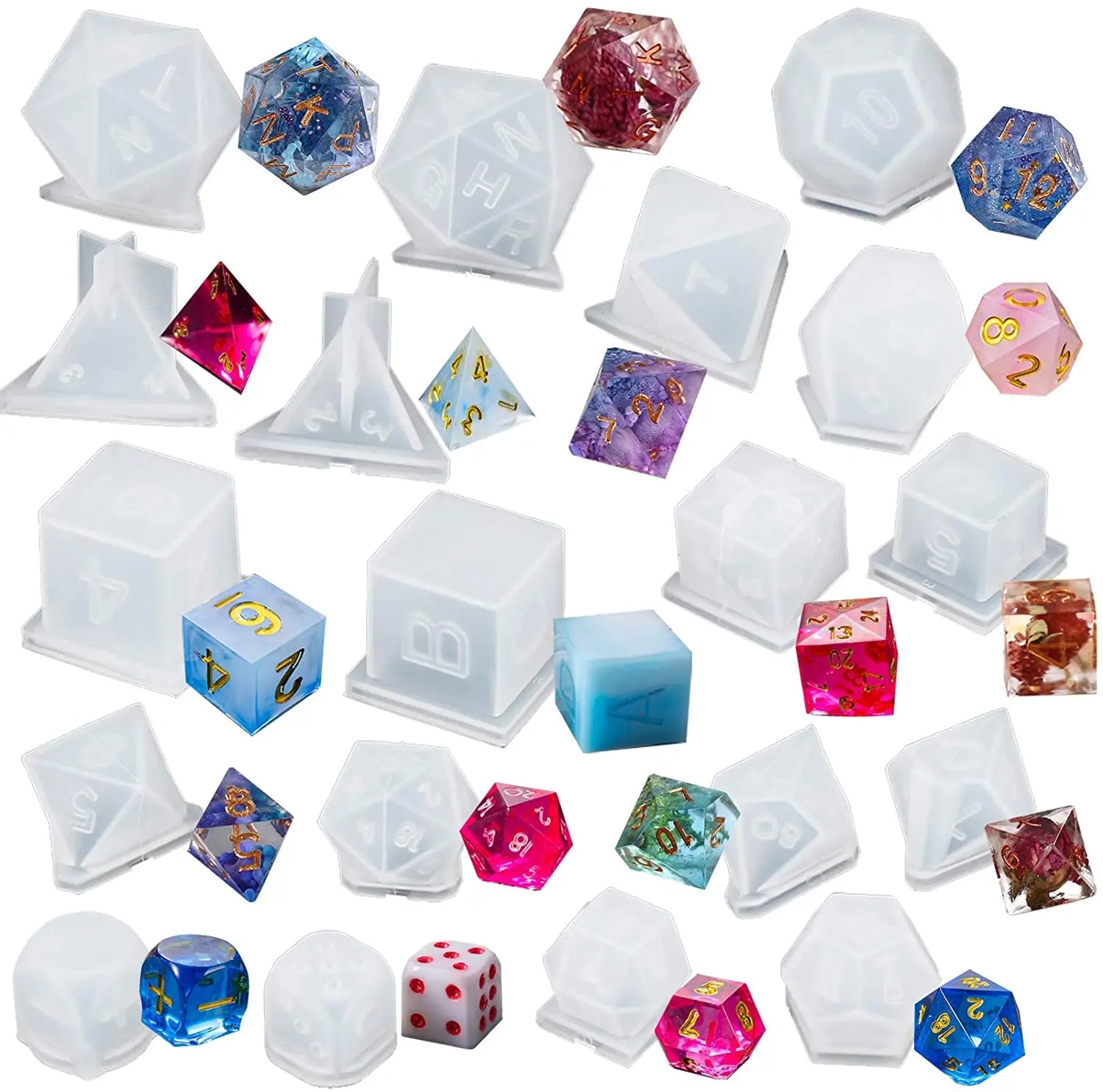 Polyhedral  Dice Mold Set with Letter Number for Resin Casting DIY Personalized Dices Making  Silicone Mold Dice