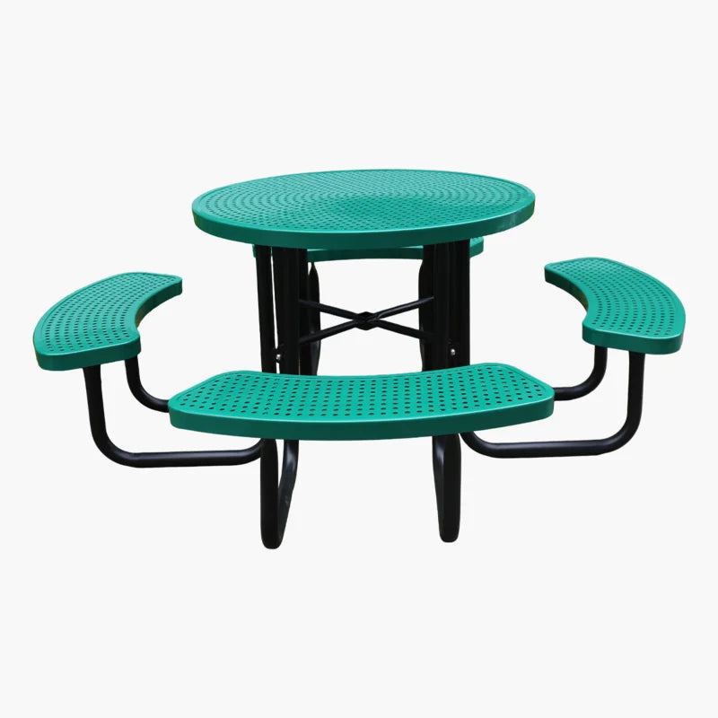 Outdoor Commercial Perforated Steel Round Picnic Table with Bench Outside Restaurant Garden Patio Metal Dining Table and Chair