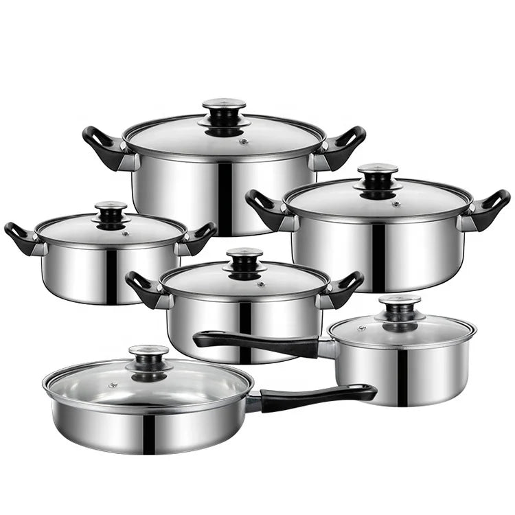 Modern Eco-Friendly 12-Piece Stainless Steel Cookware Set with Glass Lids and Pots/Pans for Home Kitchen