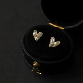 Vintage Cute Fancy Pure 925 Sterling Silver Zirconia Pearl Heart Shaped Stud Earrings for Women Girls Jewelry
