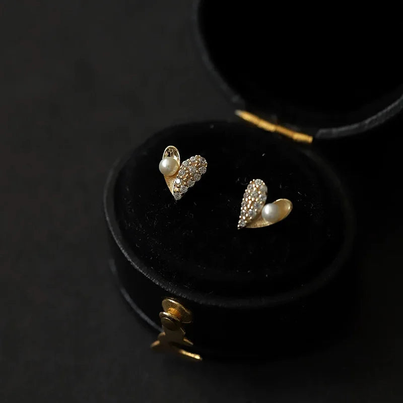 Vintage Cute Fancy Pure 925 Sterling Silver Zirconia Pearl Heart Shaped Stud Earrings for Women Girls Jewelry