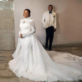 Cheap African Customized Wholesale White Plus Size Wedding Bridal Gowns Mermaid Lace Long Sleeve Two in One Gowns MW622