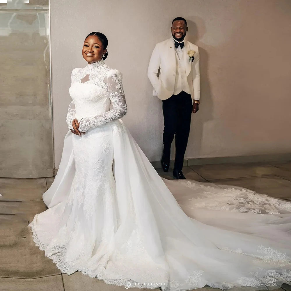 Cheap African Customized Wholesale White Plus Size Wedding Bridal Gowns Mermaid Lace Long Sleeve Two in One Gowns MW622