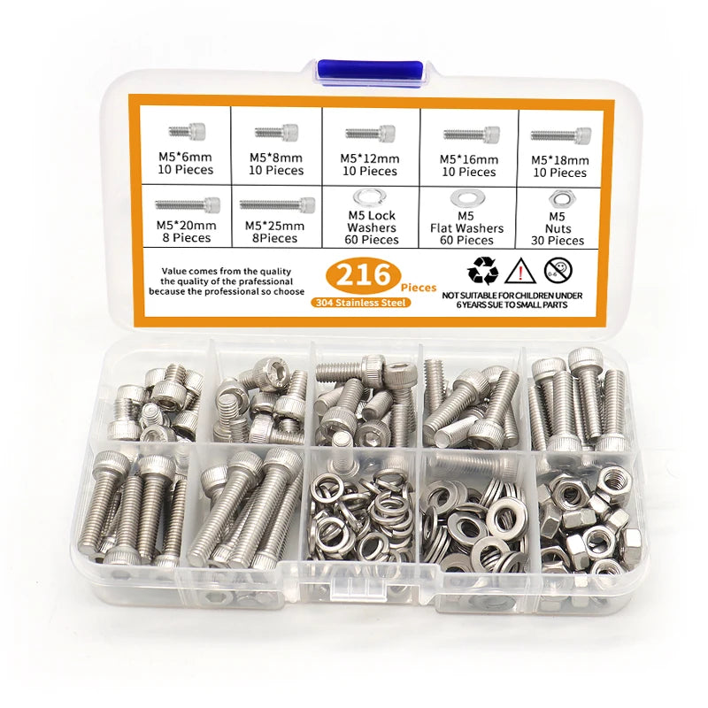 304 Stainless Steel A2-70 M5 Hexegan Socket Bolts Nuts Washer Kit Bolts Set for Home and Industrial Use