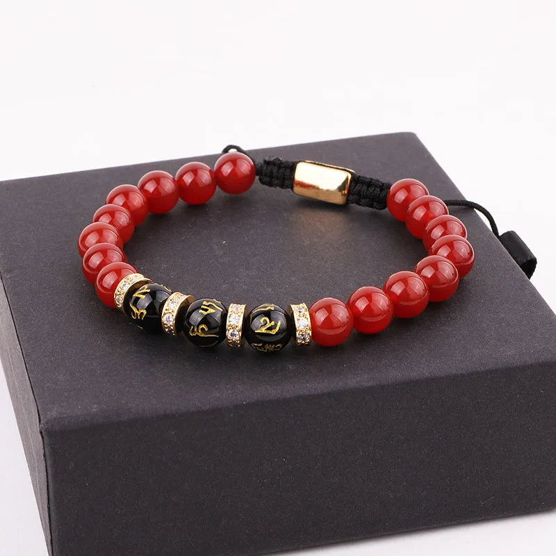 New Design 8mm Natural Stone Luxury CZ Charm Red Agate Beads Tibetan Buddhism Custom Logo Macrame Bracelet JBS12043
