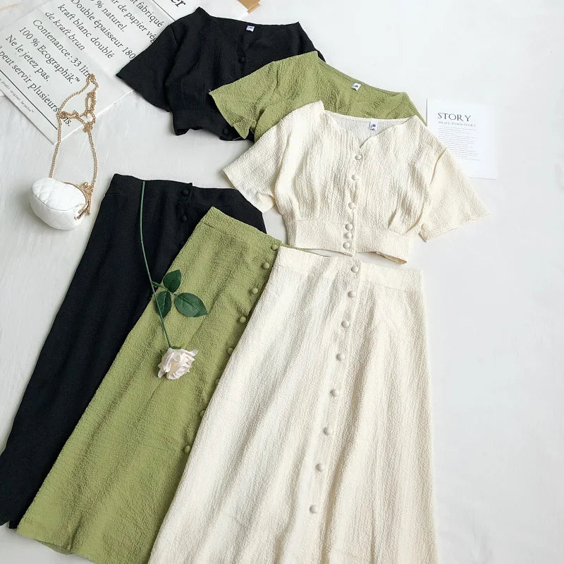 Summer Dress Women Suits New Single Breasted 2 Piece Set Elegant Short Sleeve V Neck Chic Tops and Mid-Calf Skirt Female Elegant
