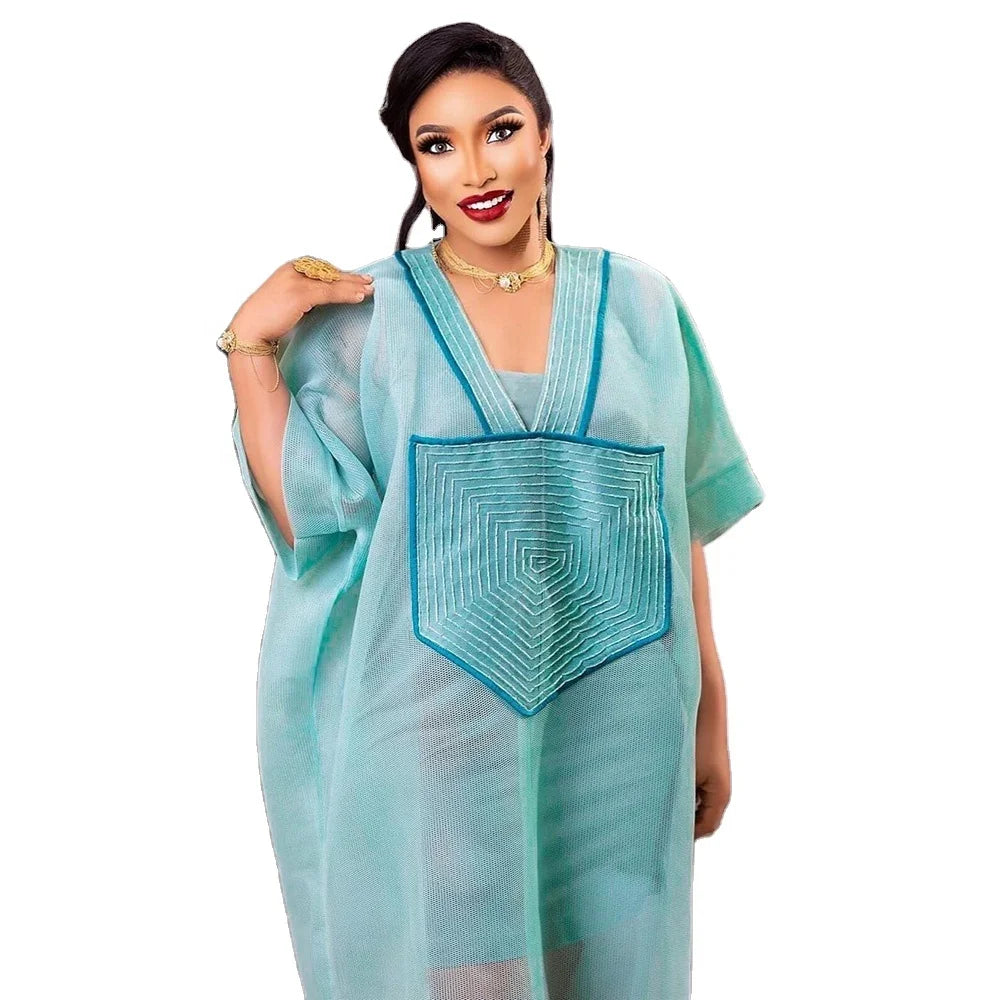 2024 New Arrivals Wholesale Fashion Ladies V-neck batwing Sleeve Maxi Elegant Dresses Women Mesh Gauze Two Piece African Dress