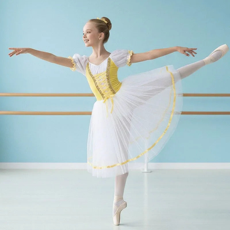 Long White Girls Ballet Tutu Dress Gymnastics Leotard and Ballerina Dance Costume for Children's Birthday Parties