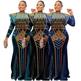 African Fashion Velvet Elegant Luxury Noble Temperament Diamond Long Evening Dress Turkey Ladies Wedding Party Outfits