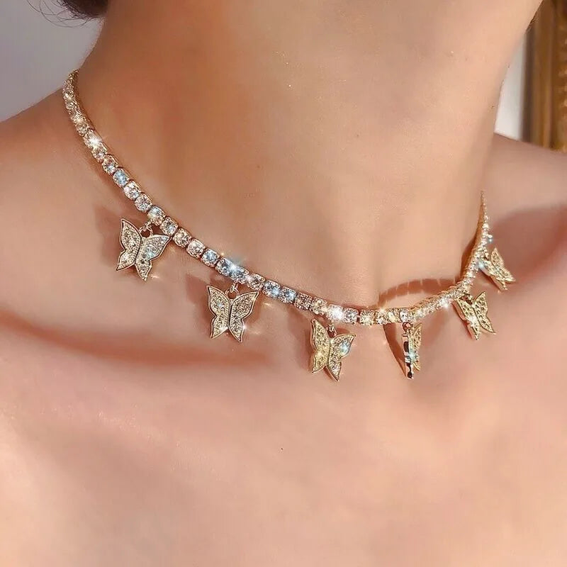 Hip Hop Crystal Rhinestone Butterfly Tennis Necklace for Women Girls