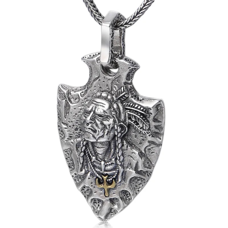 S925 Thai Silver Vintage Indian Eagle Shield Tribal Legend Old Chief Men Pendant Domineering Personality