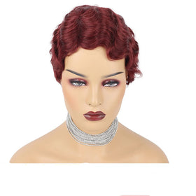 Color 99J Human Hair Pixie Cut Wig Short Finger Wave Wigs for Women