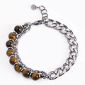 Hot Selling Custom Designer Adjustable Cuban Link Chain Natural Stone Tiger Eye Beads Double Layer Stainless Steel Men Bracelet