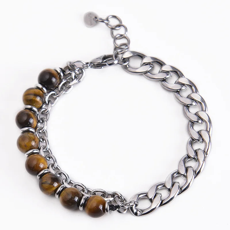 Hot Selling Custom Designer Adjustable Cuban Link Chain Natural Stone Tiger Eye Beads Double Layer Stainless Steel Men Bracelet