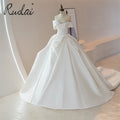 Ruolai ZD05201 Off Shoulder Beaded Neckline Big Puffy Satin Ball Gown Wedding Dresses With Train