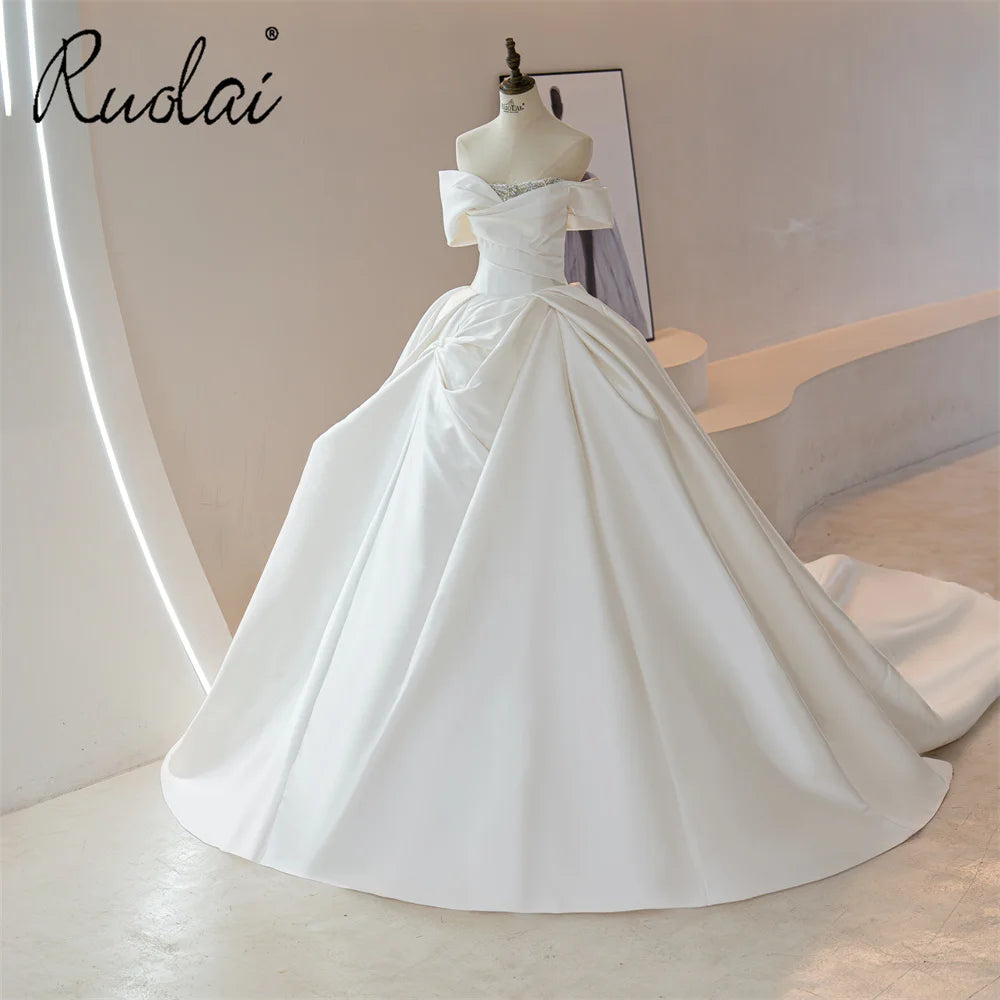 Ruolai ZD05201 Off Shoulder Beaded Neckline Big Puffy Satin Ball Gown Wedding Dresses With Train