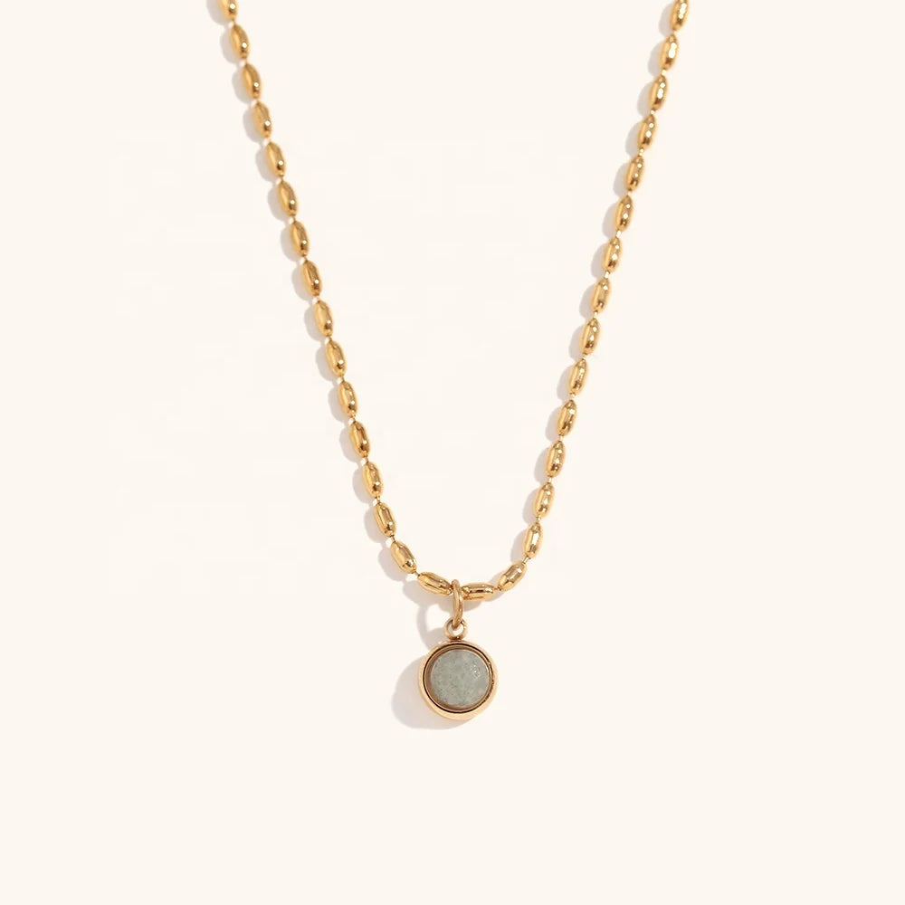 Dingran New Design Stainless Steel Jewelry Round Natural Stone Necklace Gold Plated Beaded Necklaces