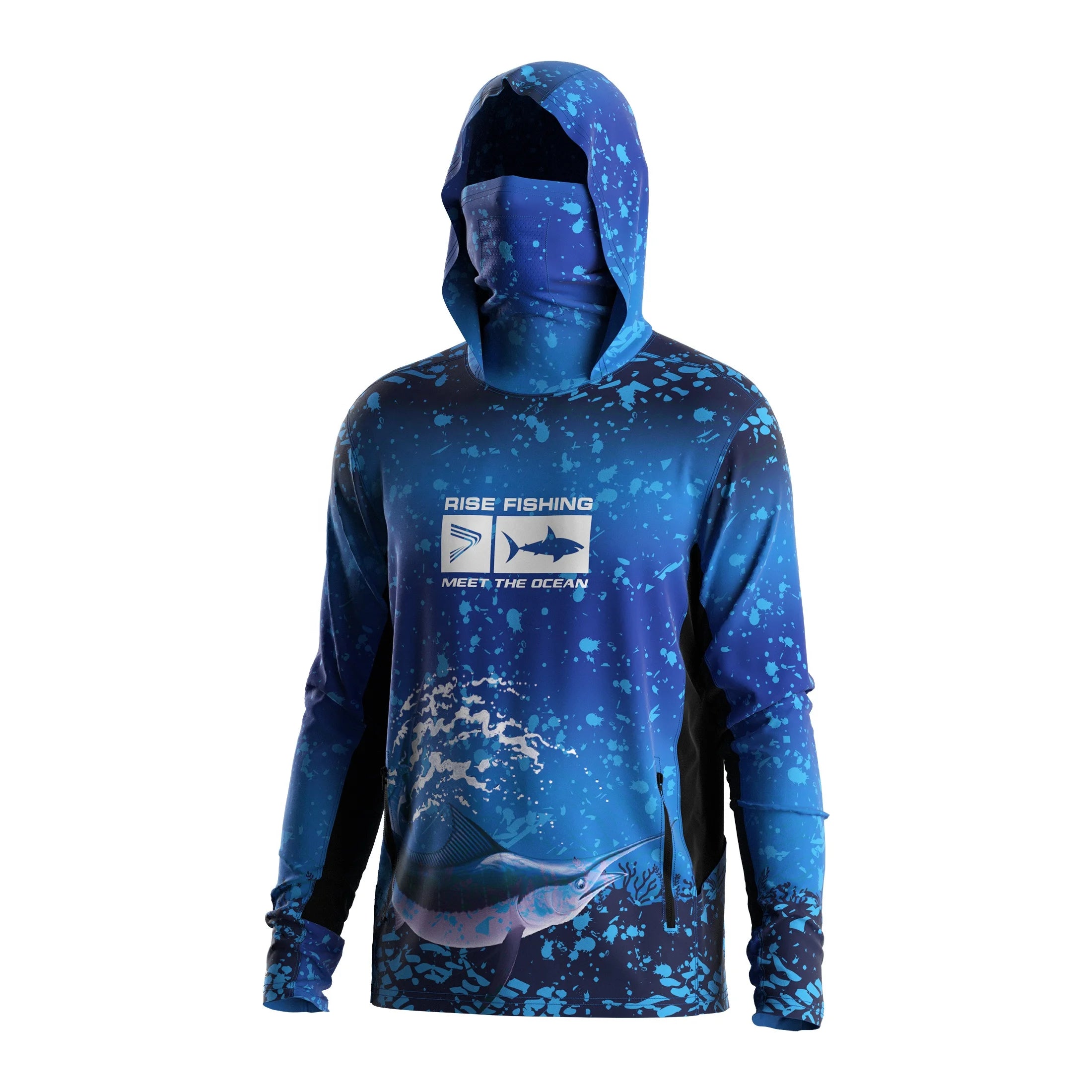 Uv Protection Long Sleeve Hoodie Fishing Jerseys with Facemask Equipped Two Zipper Pocket
