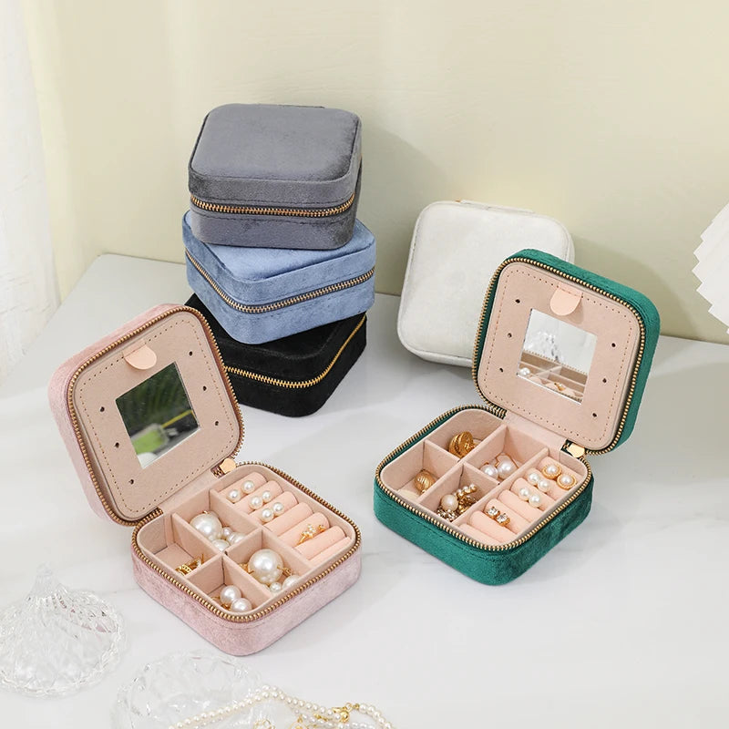 Velvet Material Travel Jewelry Box With Mirror Storage Box Small Earrings Necklace Bracelet Jewelry Gift Box