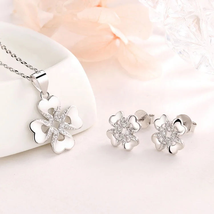 Sterling Silver 925 Clover Flower Earrings and Necklace Jewelry Set for Women