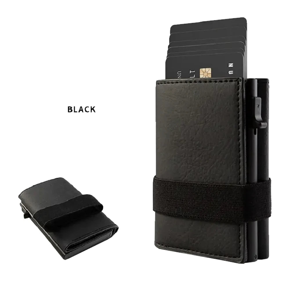 Custom Logo PU Leather Pop-Up Wallet with RFID Protector and Back Tracker Automatic Sliding Case for Credit Card Use