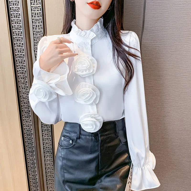 9055# Women's Summer Autumn Korean Long Sleeved Women's Fower Shirt Cardigan Design Blouse New Style