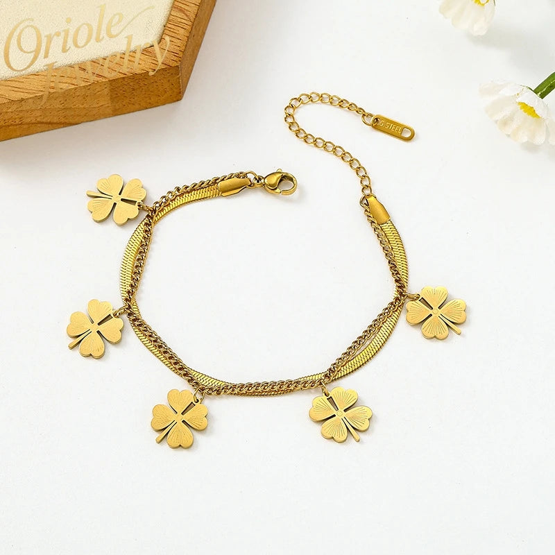 Fashionable Vintage Geometric Gold Plated Titanium Steel Non-Fading Personalized Four-Leaf Clover Pendant Snake Bone Chain Link