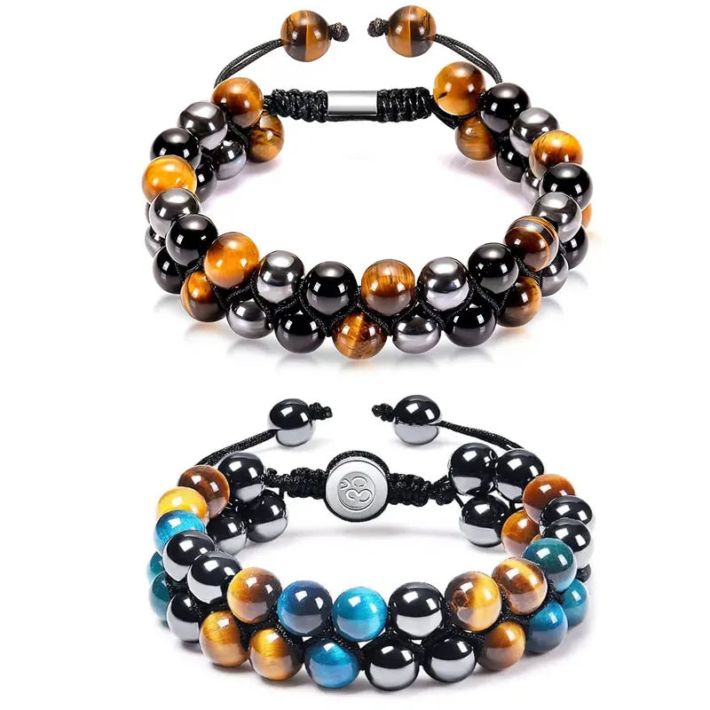 Wholesale Natural 8mm Crystal Energy Tiger Eye Black Onyx Hematite Beads Double Woven Bracelets for Men