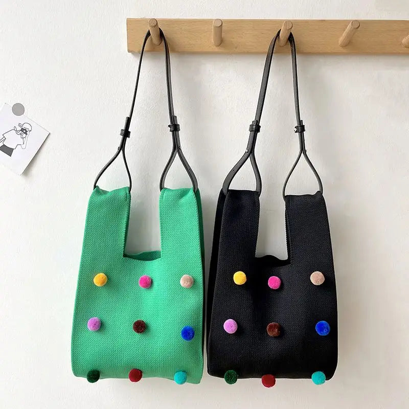Sweet Colored Hairball Wool Material Knitted Women Knitting Tote Handbag Purse Fur Handmade Crochet Knot Wrist Bag