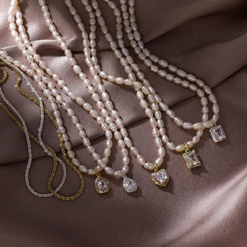 Customized New Designer Retro Baroque Pearl Necklaces Elegant Teardrop Diamond Zircon Stone Rice Freshwater Pearl Necklace